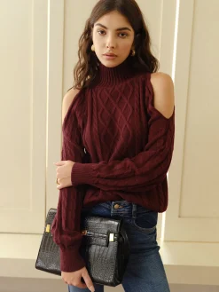 COMMENSE Mock Neck Cold-Shoulder Knit Top* Sweater Tops|Sweaters & Cardigans