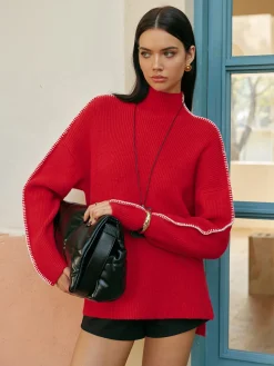 COMMENSE Mock Neck Contrast Binding Split Sweater* Knitwear|Tops