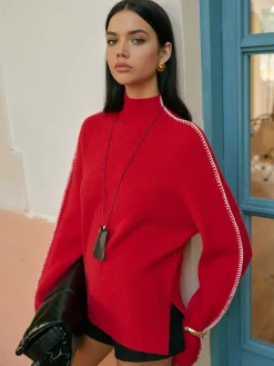 COMMENSE Mock Neck Contrast Binding Split Sweater* Knitwear|Tops