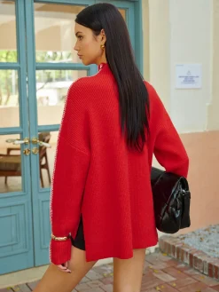 COMMENSE Mock Neck Contrast Binding Split Sweater* Knitwear|Tops