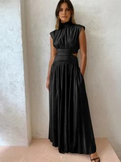COMMENSE Mock Neck Cut Out Long Dress* White Dresses|Black Dresses