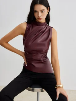 COMMENSE Mock Neck Faux Leather Cinched Tank Top* Tank Tops & Camis|Tops