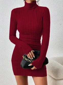 COMMENSE Mock Neck Hip-Covering Ribbed Dress* Casual Dresses|Work Dresses