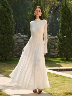 COMMENSE Mock Neck Lace Flowy Long Dress* Dresses