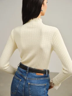 COMMENSE Mock Neck Lace Trim Slim Sweater* Sweater Tops|Sweaters & Cardigans
