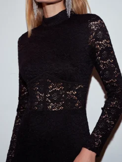 COMMENSE Mock Neck Lace Zipper Dress* Black Dresses|Casual Dresses