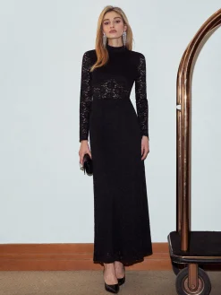 COMMENSE Mock Neck Lace Zipper Dress* Black Dresses|Casual Dresses