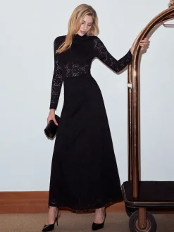 COMMENSE Mock Neck Lace Zipper Dress* Black Dresses|Casual Dresses