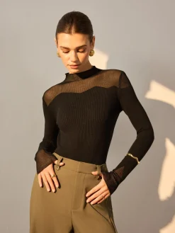 COMMENSE Mock Neck Mesh Panel Slim Sweater* Sweater Tops|Sweaters & Cardigans