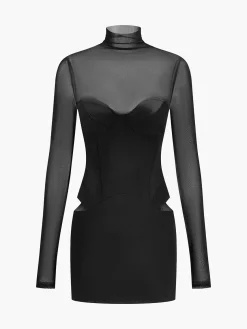 COMMENSE Mock Neck Mesh-Detail Short Dress* Dresses