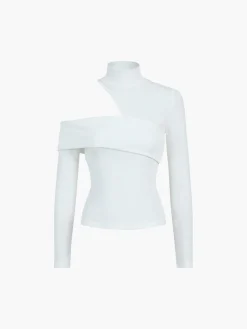 COMMENSE Mock Neck Oblique Cutout Rib Long Sleeve Knit Top* Sweater Tops|T-shirts