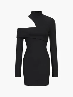 COMMENSE Mock Neck Oblique Cutout Rib Long Sleeve Short Dress* Black Dresses|Sweater Dresses