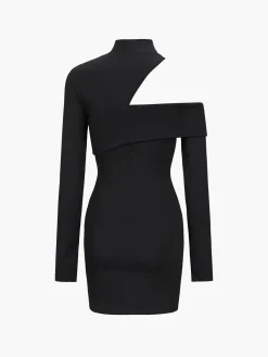 COMMENSE Mock Neck Oblique Cutout Rib Long Sleeve Short Dress* Black Dresses|Sweater Dresses
