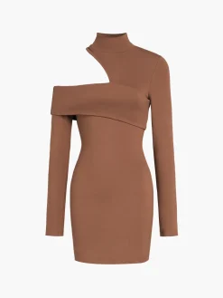 COMMENSE Mock Neck Oblique Cutout Rib Long Sleeve Short Dress* Black Dresses|Sweater Dresses