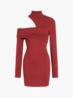 COMMENSE Mock Neck Oblique Cutout Rib Long Sleeve Short Dress* Black Dresses|Sweater Dresses