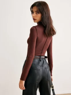 COMMENSE Mock Neck Piping Slim Jersey Top* T-shirts|Tops