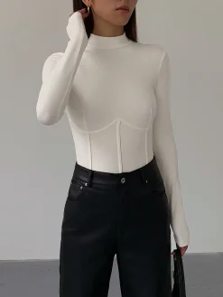 COMMENSE Mock Neck Piping Slim T-Shirt* T-shirts|Tops