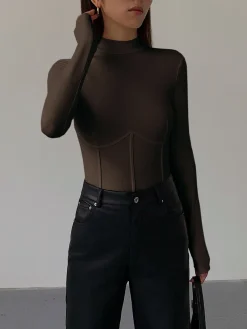 COMMENSE Mock Neck Piping Slim T-Shirt* T-shirts|Tops