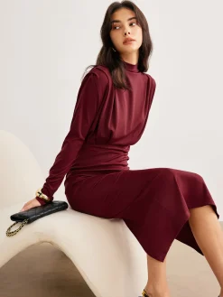 COMMENSE Mock Neck Pleated Jersey Dress* Black Dresses|Casual Dresses