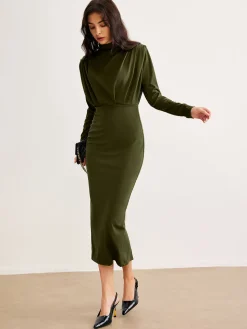 COMMENSE Mock Neck Pleated Jersey Dress* Black Dresses|Casual Dresses