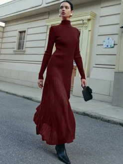 COMMENSE Mock Neck  Pleated Panel Sweater Dress* Black Dresses|Sweater Dresses