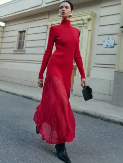 COMMENSE Mock Neck Pleated Panel Sweater Dress* Sweater Dresses|Work Dresses