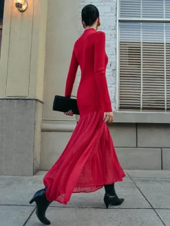 COMMENSE Mock Neck  Pleated Panel Sweater Dress* Sweater Dresses|Work Dresses