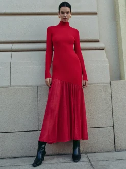 COMMENSE Mock Neck  Pleated Panel Sweater Dress* Sweater Dresses|Work Dresses
