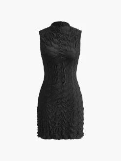 COMMENSE Mock Neck Plisse Detailed Dress* Black Dresses|Casual Dresses