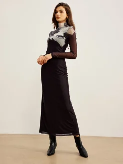 COMMENSE Mock Neck Printed Mesh Dress* Black Dresses|Casual Dresses