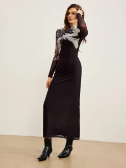 COMMENSE Mock Neck Printed Mesh Dress* Black Dresses|Casual Dresses
