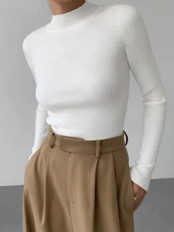 COMMENSE Mock Neck Rib Long Sleeve Knit Top* Sweater Tops|Sweaters & Cardigans
