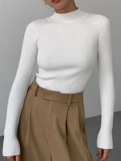 COMMENSE Mock Neck Rib Long Sleeve Knit Top* Sweater Tops|Sweaters & Cardigans