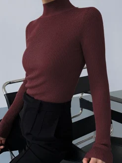 COMMENSE Mock Neck Rib Long Sleeve Knit Top* Sweater Tops|Sweaters & Cardigans
