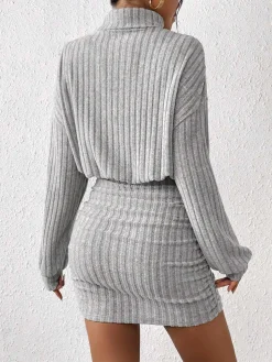 COMMENSE Mock Neck Ribbed Short Dress* Black Dresses|Casual Dresses