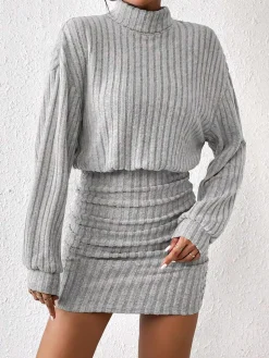 COMMENSE Mock Neck Ribbed Short Dress* Black Dresses|Casual Dresses