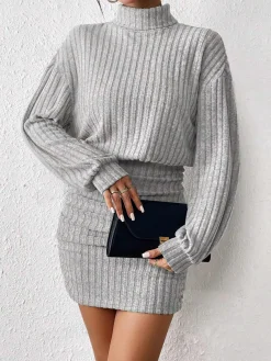 COMMENSE Mock Neck Ribbed Short Dress* Casual Dresses|Work Dresses