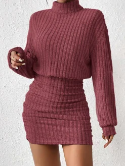 COMMENSE Mock Neck Ribbed Short Dress* Casual Dresses|Work Dresses