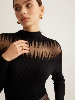 COMMENSE Mock Neck Sheer Panel Knit Top* Sweater Tops|Sweaters & Cardigans