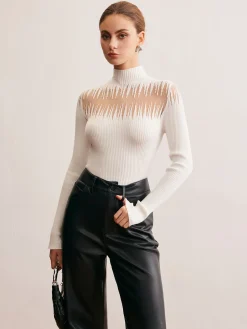 COMMENSE Mock Neck Sheer Panel Knit Top* Sweater Tops|Sweaters & Cardigans