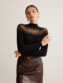 COMMENSE Mock Neck Sheer Panel Knit Top* Sweater Tops|Sweaters & Cardigans