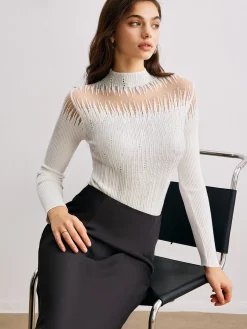COMMENSE Mock Neck Sheer-Detail Knit Top* Sweater Tops|Sweaters & Cardigans