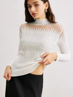 COMMENSE Mock Neck Sheer-Detail Knit Top* Sweater Tops|Sweaters & Cardigans