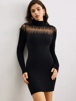 COMMENSE Mock Neck Sheer-Detail Slim Sweater Dress* Black Dresses|Sweater Dresses