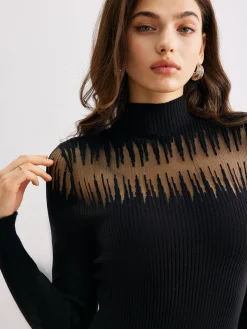 COMMENSE Mock Neck Sheer-Detail Slim Sweater Dress* Black Dresses|Sweater Dresses