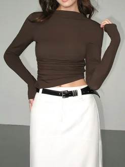 COMMENSE Mock Neck Slinky Long Sleeve Ribbed Knit Crop Shirt* Crop Tops|T-shirts