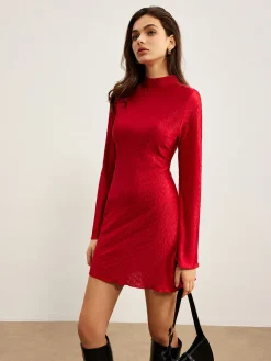 COMMENSE Mock Neck Textu Dress* Black Dresses|Casual Dresses