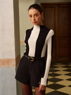 COMMENSE Mock Neck Two-Tone Pinstripe Ribbed Sweater* Knitwear|Tops