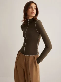 COMMENSE Mock Neck Wave-Piping Jersey Top* T-shirts|Tops