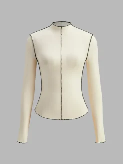 COMMENSE Mock Neck Wave-Piping Jersey Top* T-shirts|Tops